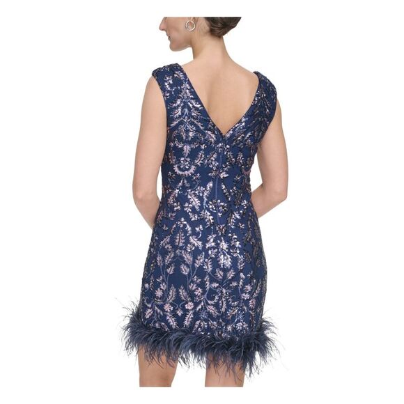 ELIZA J Womens Navy Feathered Trim Lined V-back Sleeveless Short Dress 4 - Picture 3 of 4